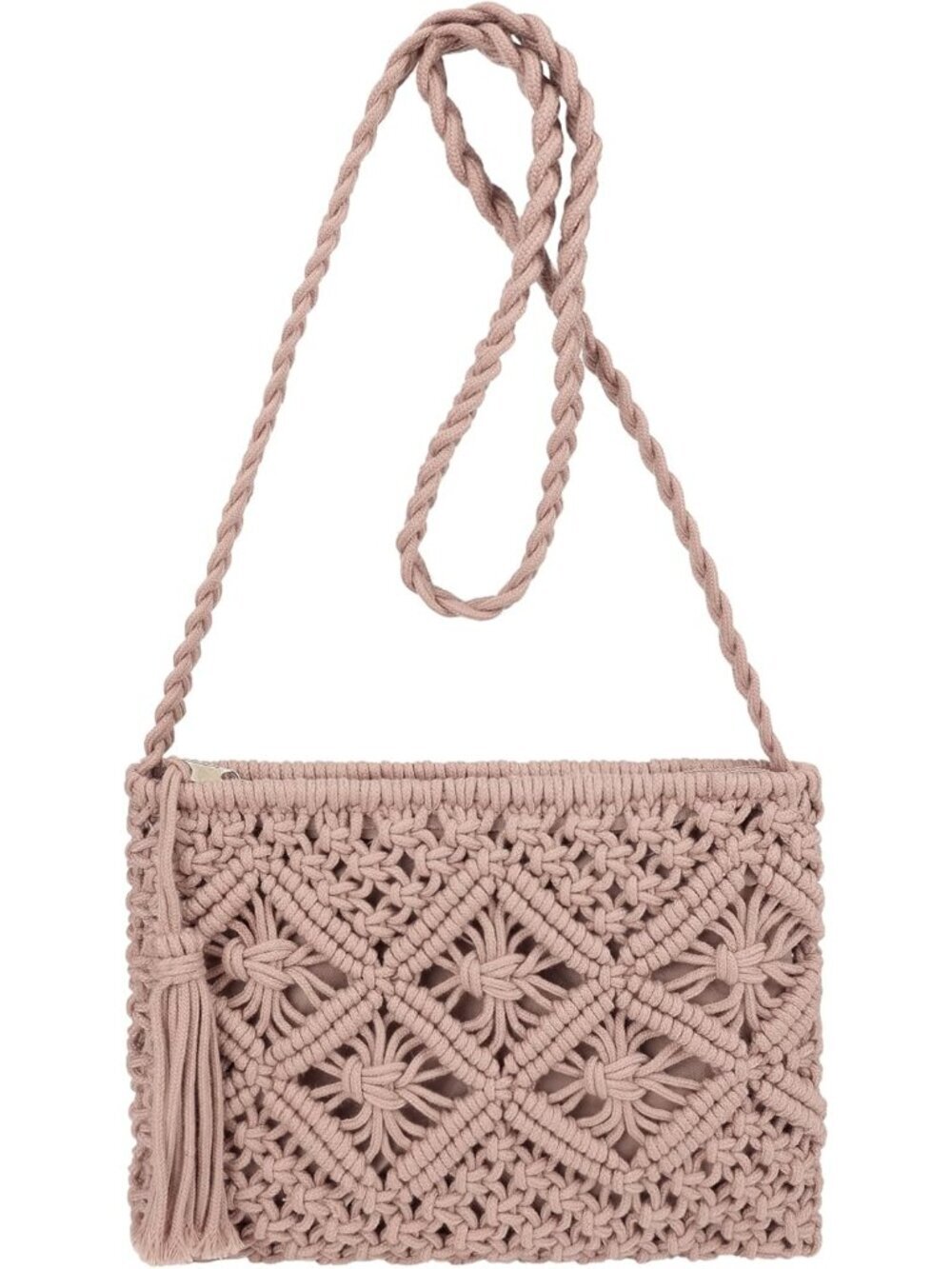Women's Pink Crochet Shoulder Bag Handmade Woven Beach with Tassel for Summer
